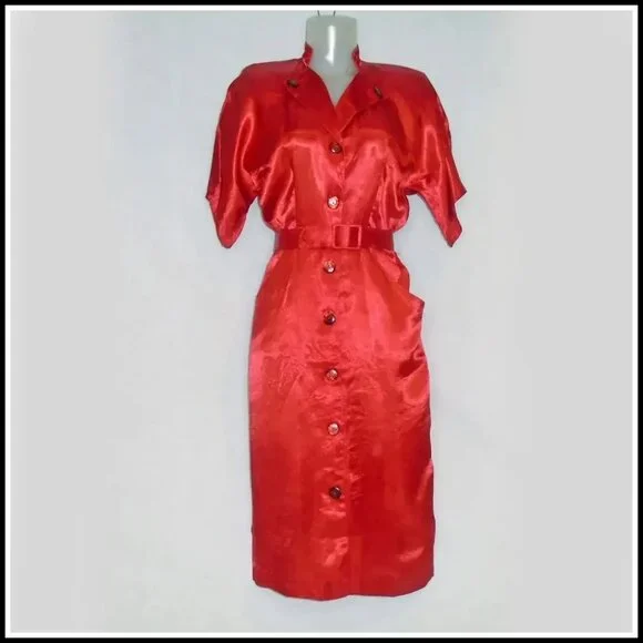 40s Style Red Satin Sheath Dress, Military Influence Retro Swing VFG &0s Vintage - Picture 2 of 14